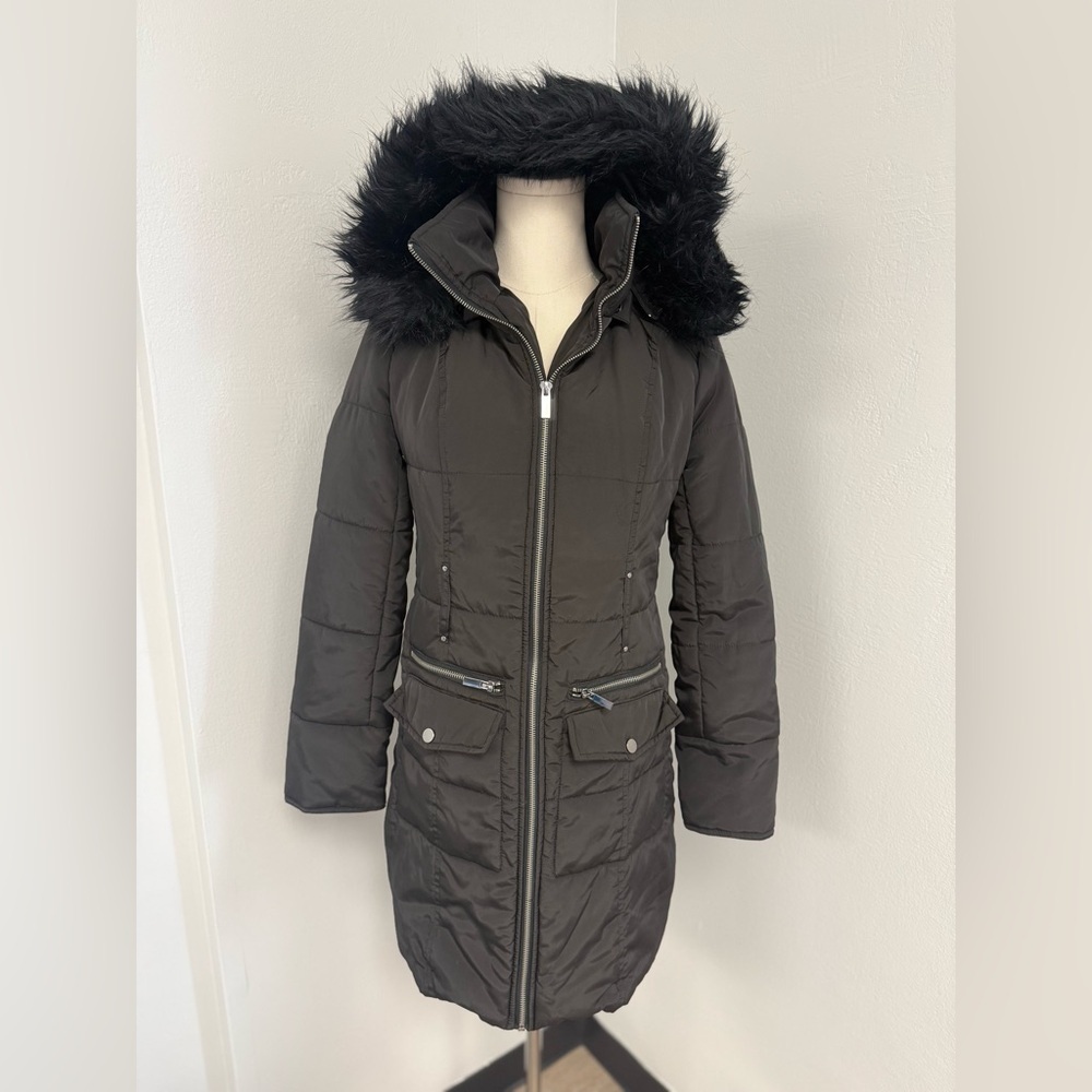 Jones New York Dark Brown Puffer Coat with Faux Fur Hood - Picture 2 of 9
